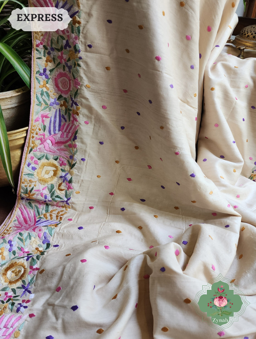 Zynah Made to Order Beige Pure Tussar Silk Parsi Gara Hand Embroidered Saree; Custom Stitched/Ready-made Blouse, Fall, Petticoat; SKU: 0404202301