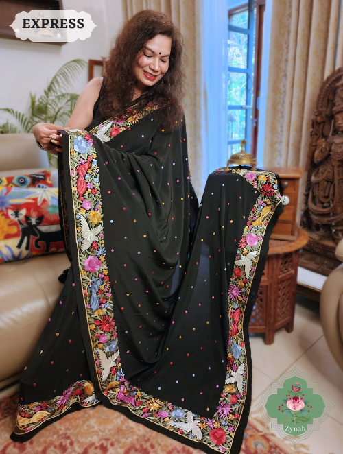 Zynah Made to Order Black Pure Crepe Silk Hand Embroidered Parsi Gara Saree, Authentic Vintage Art, Heirloom Piece; Custom Stitched/Ready-made Blouse, Fall, Petticoat; SKU: 2302202307