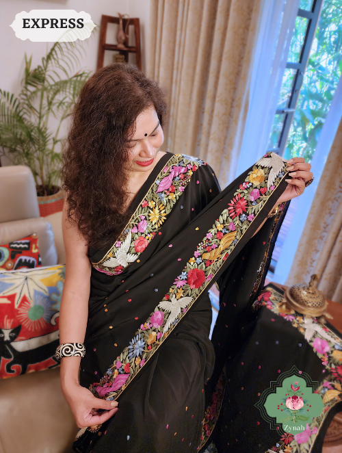 Zynah Made to Order Black Pure Crepe Silk Hand Embroidered Parsi Gara Saree, Authentic Vintage Art, Heirloom Piece; Custom Stitched/Ready-made Blouse, Fall, Petticoat; SKU: 2302202307
