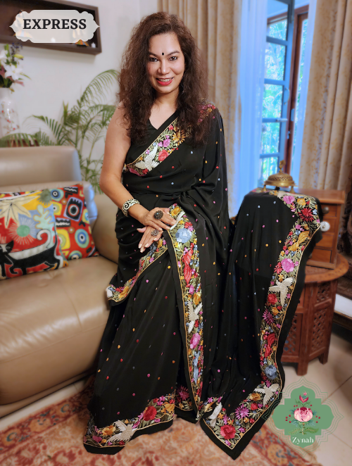 Zynah Made to Order Black Pure Crepe Silk Hand Embroidered Parsi Gara Saree, Authentic Vintage Art, Heirloom Piece; Custom Stitched/Ready-made Blouse, Fall, Petticoat; SKU: 2302202307