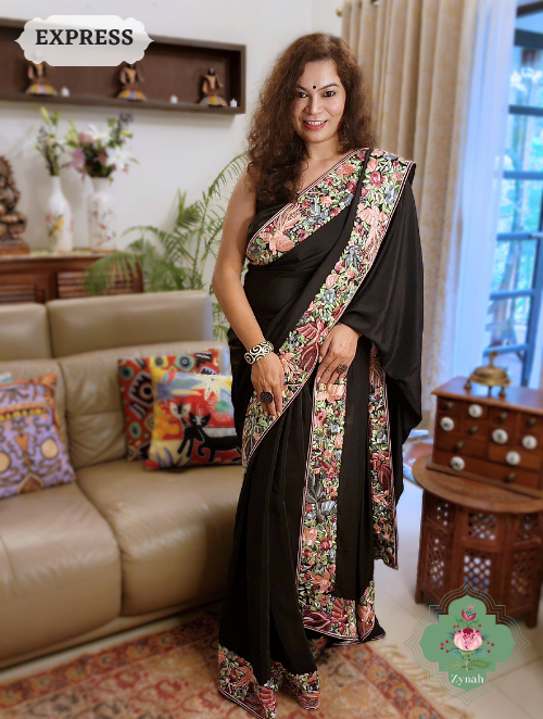 Zynah Made to Order Black Pure Crepe Silk Hand Embroidered Parsi Gara Saree, Authentic Vintage Art, Heirloom Piece; Custom Stitched/Ready-made Blouse, Fall, Petticoat; SKU: 2302202304