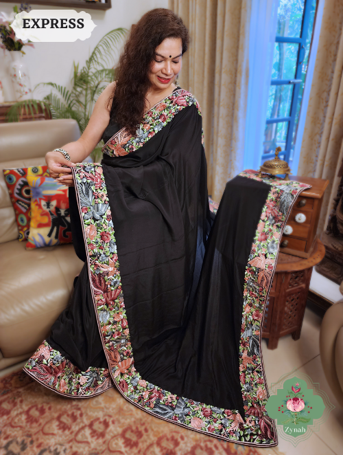 Zynah Made to Order Black Pure Crepe Silk Hand Embroidered Parsi Gara Saree, Authentic Vintage Art, Heirloom Piece; Custom Stitched/Ready-made Blouse, Fall, Petticoat; SKU: 2302202304