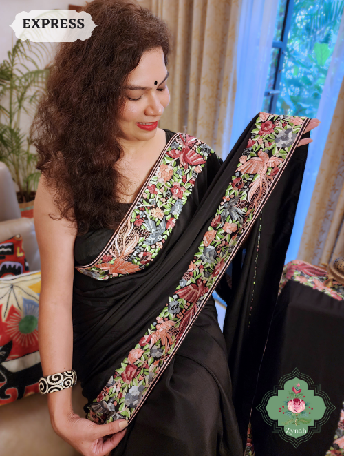 Zynah Made to Order Black Pure Crepe Silk Hand Embroidered Parsi Gara Saree, Authentic Vintage Art, Heirloom Piece; Custom Stitched/Ready-made Blouse, Fall, Petticoat; SKU: 2302202304