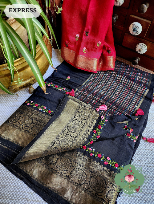 Zynah Black Munga Silk Saree With Zari Borders And Frenchknot & Kantha Embroidery; Custom Stitched/Ready-made Blouse, Fall, Petticoat; SKU: 1804202303