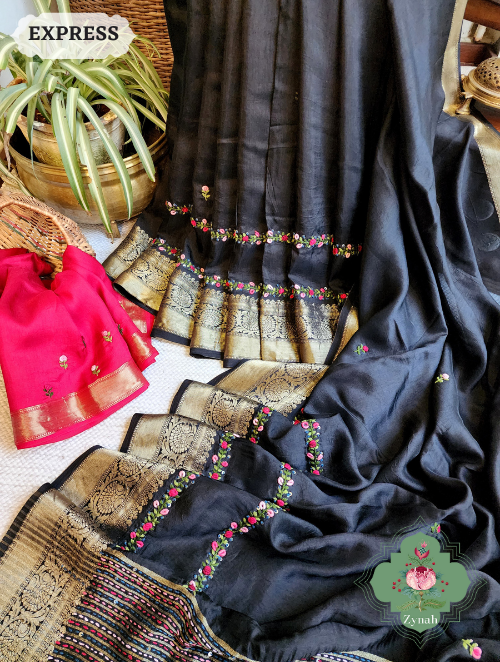 Zynah Black Munga Silk Saree With Zari Borders And Frenchknot & Kantha Embroidery; Custom Stitched/Ready-made Blouse, Fall, Petticoat; SKU: 1804202303