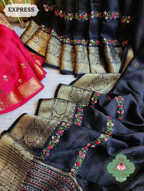 Zynah Black Munga Silk Saree With Zari Borders And Frenchknot & Kantha Embroidery; Custom Stitched/Ready-made Blouse, Fall, Petticoat; SKU: 1804202303