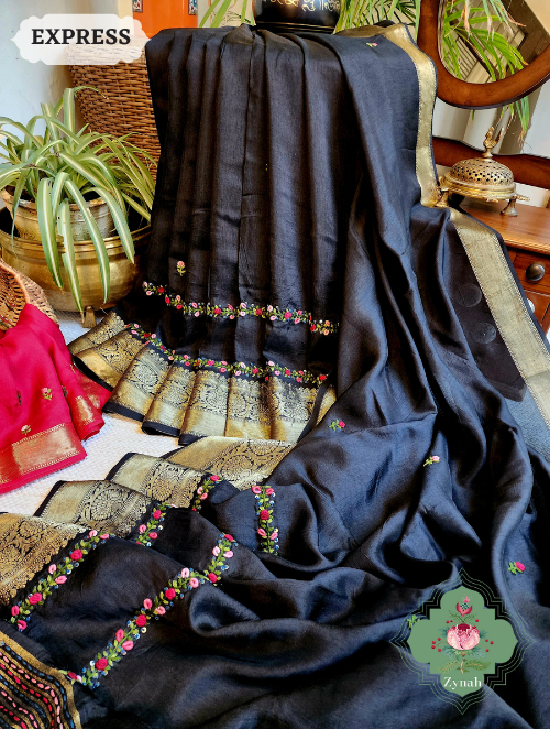 Zynah Black Munga Silk Saree With Zari Borders And Frenchknot & Kantha Embroidery; Custom Stitched/Ready-made Blouse, Fall, Petticoat; SKU: 1804202303