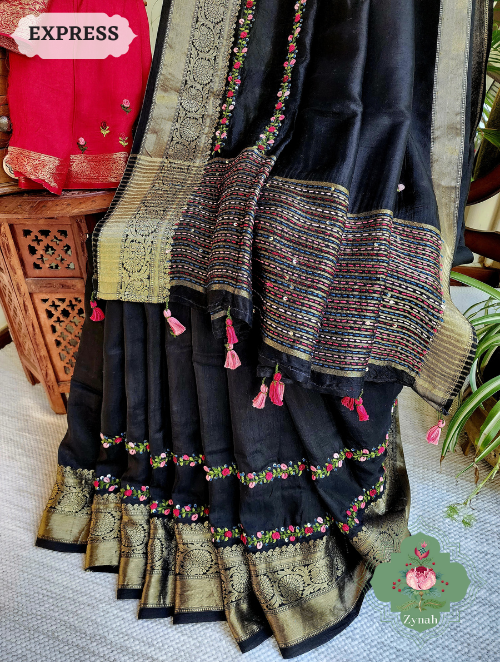 Zynah Black Munga Silk Saree With Zari Borders And Frenchknot & Kantha Embroidery; Custom Stitched/Ready-made Blouse, Fall, Petticoat; SKU: 1804202303