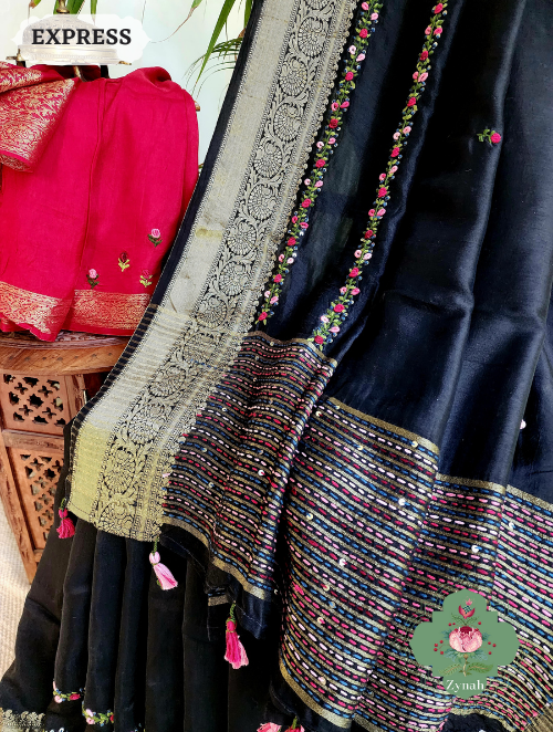 Zynah Black Munga Silk Saree With Zari Borders And Frenchknot & Kantha Embroidery; Custom Stitched/Ready-made Blouse, Fall, Petticoat; SKU: 1804202303