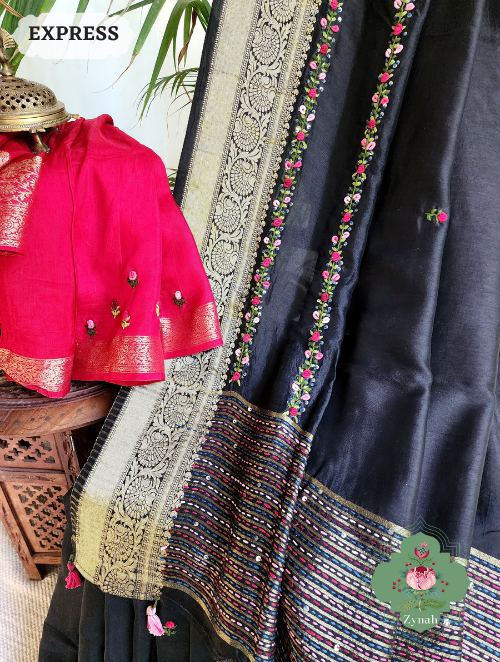 Zynah Black Munga Silk Saree With Zari Borders And Frenchknot & Kantha Embroidery; Custom Stitched/Ready-made Blouse, Fall, Petticoat; SKU: 1804202303