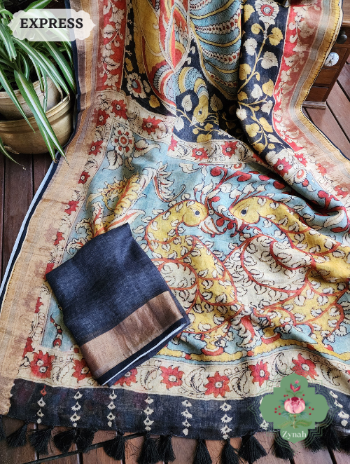 Zynah Black Organic Linen Saree With Kalamkari Print & Zari Border; Custom Stitched/Ready-made Blouse, Fall, Petticoat; SKU: 0903202303