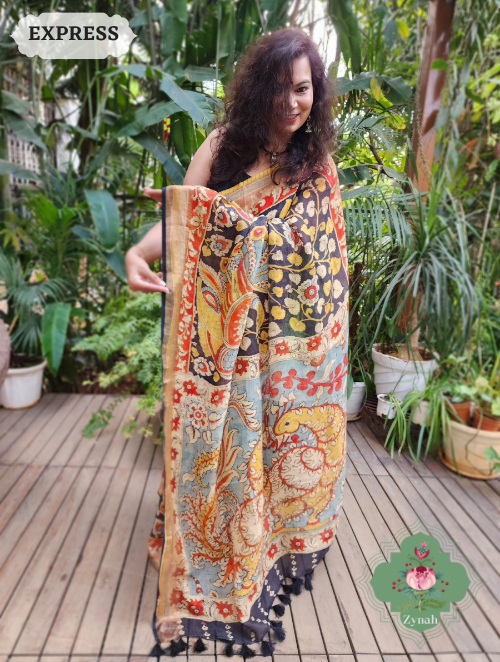 Zynah Black Organic Linen Saree With Kalamkari Print & Zari Border; Custom Stitched/Ready-made Blouse, Fall, Petticoat; SKU: 0903202303
