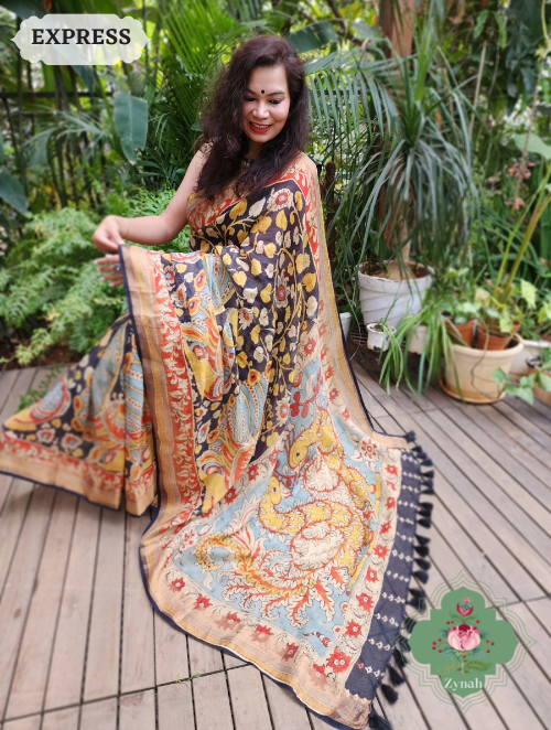 Zynah Black Organic Linen Saree With Kalamkari Print & Zari Border; Custom Stitched/Ready-made Blouse, Fall, Petticoat; SKU: 0903202303