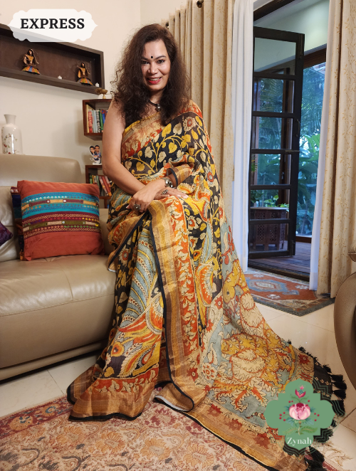 Zynah Black Organic Linen Saree With Kalamkari Print & Zari Border; Custom Stitched/Ready-made Blouse, Fall, Petticoat; SKU: 0903202303