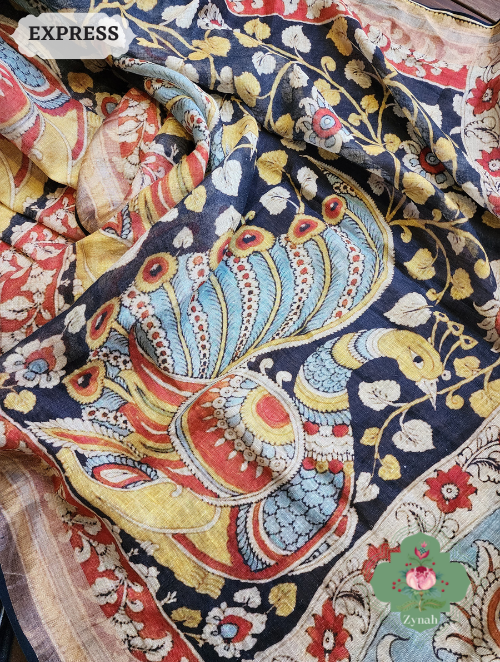 Zynah Black Organic Linen Saree With Kalamkari Print & Zari Border; Custom Stitched/Ready-made Blouse, Fall, Petticoat; SKU: 0903202303