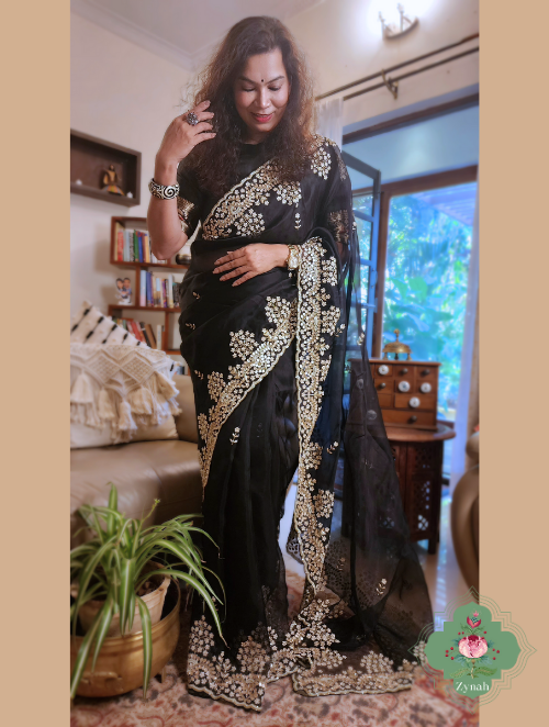 Black Organza Silk Saree - Lightweight, elegant saree with intricate embellishments. Perfect for special occasions