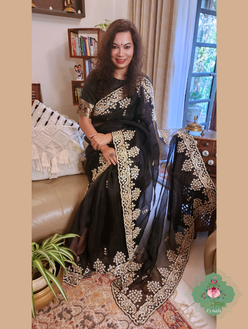 Zynah Black Pure Organza Silk Saree with Gotta Patti, Cut Dana & Pearl Work; Custom Stitched/Ready-made Blouse, Fall, Petticoat; SKU: 0404202304