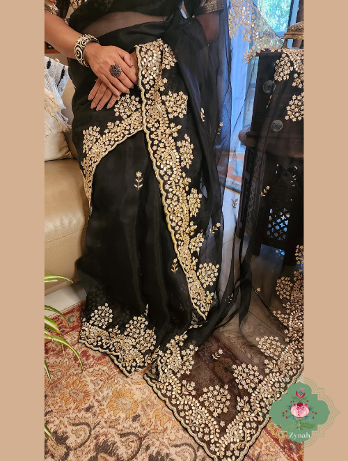 Zynah Black Pure Organza Silk Saree with Gotta Patti, Cut Dana & Pearl Work; Custom Stitched/Ready-made Blouse, Fall, Petticoat; SKU: 0404202304