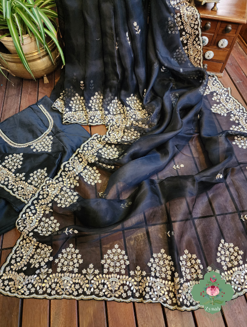Zynah Black Pure Organza Silk Saree with Gotta Patti, Cut Dana & Pearl Work; Custom Stitched/Ready-made Blouse, Fall, Petticoat; SKU: 0404202304