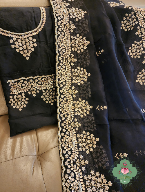Zynah Black Pure Organza Silk Saree with Gotta Patti, Cut Dana & Pearl Work; Custom Stitched/Ready-made Blouse, Fall, Petticoat; SKU: 0404202304
