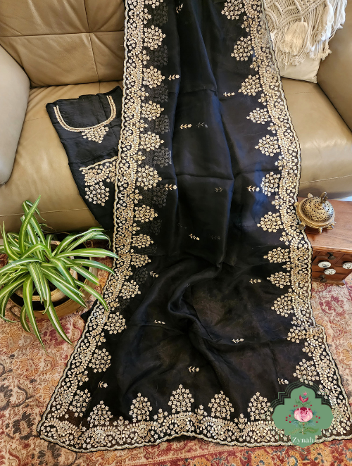 Zynah Black Pure Organza Silk Saree with Gotta Patti, Cut Dana & Pearl Work; Custom Stitched/Ready-made Blouse, Fall, Petticoat; SKU: 0404202304