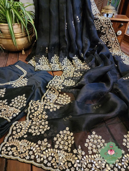 Zynah Black Pure Organza Silk Saree with Gotta Patti, Cut Dana & Pearl Work; Custom Stitched/Ready-made Blouse, Fall, Petticoat; SKU: 0404202304