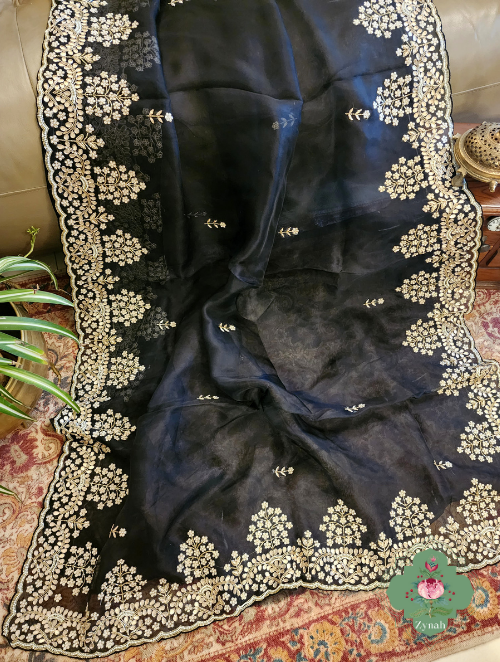 Zynah Black Pure Organza Silk Saree with Gotta Patti, Cut Dana & Pearl Work; Custom Stitched/Ready-made Blouse, Fall, Petticoat; SKU: 0404202304