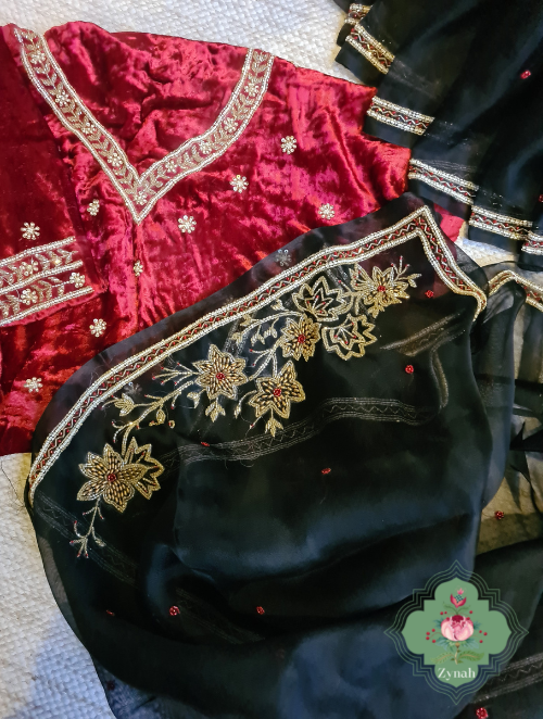 Zynah Black Pure Organza Silk Saree With Pearl, Cutdana & Sugar Beads Handwork; Custom Stitched/Ready-made Blouse, Fall, Petticoat; SKU: 1402202302