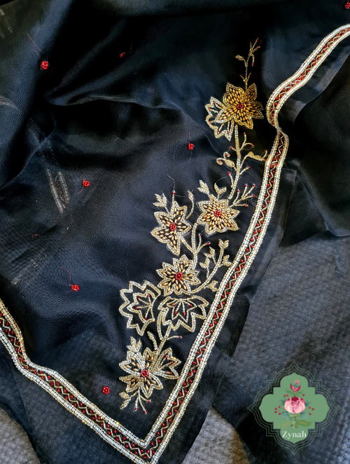 Zynah Black Pure Organza Silk Saree With Pearl, Cutdana & Sugar Beads Handwork; Custom Stitched/Ready-made Blouse, Fall, Petticoat; SKU: 1402202302