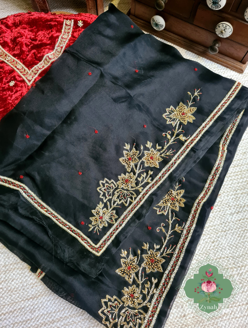 Zynah Black Pure Organza Silk Saree With Pearl, Cutdana & Sugar Beads Handwork; Custom Stitched/Ready-made Blouse, Fall, Petticoat; SKU: 1402202302