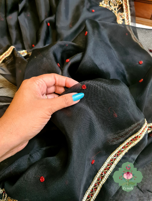 Zynah Black Pure Organza Silk Saree With Pearl, Cutdana & Sugar Beads Handwork; Custom Stitched/Ready-made Blouse, Fall, Petticoat; SKU: 1402202302