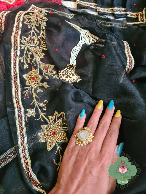 Zynah Black Pure Organza Silk Saree With Pearl, Cutdana & Sugar Beads Handwork; Custom Stitched/Ready-made Blouse, Fall, Petticoat; SKU: 1402202302