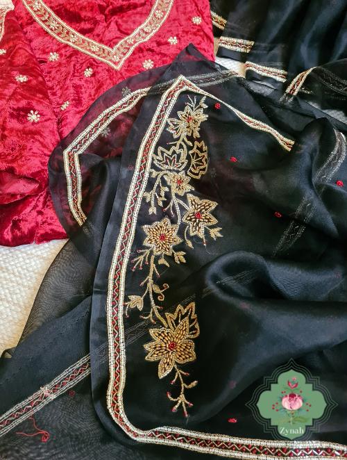 Zynah Black Pure Organza Silk Saree With Pearl, Cutdana & Sugar Beads Handwork; Custom Stitched/Ready-made Blouse, Fall, Petticoat; SKU: 1402202302