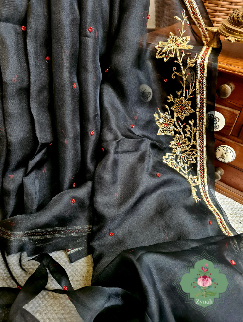 Zynah Black Pure Organza Silk Saree With Pearl, Cutdana & Sugar Beads Handwork; Custom Stitched/Ready-made Blouse, Fall, Petticoat; SKU: 1402202302