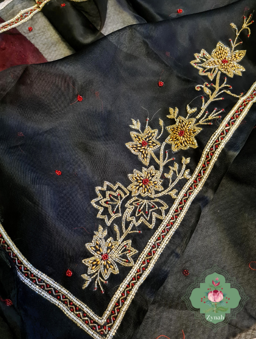 Zynah Black Pure Organza Silk Saree With Pearl, Cutdana & Sugar Beads Handwork; Custom Stitched/Ready-made Blouse, Fall, Petticoat; SKU: 1402202302