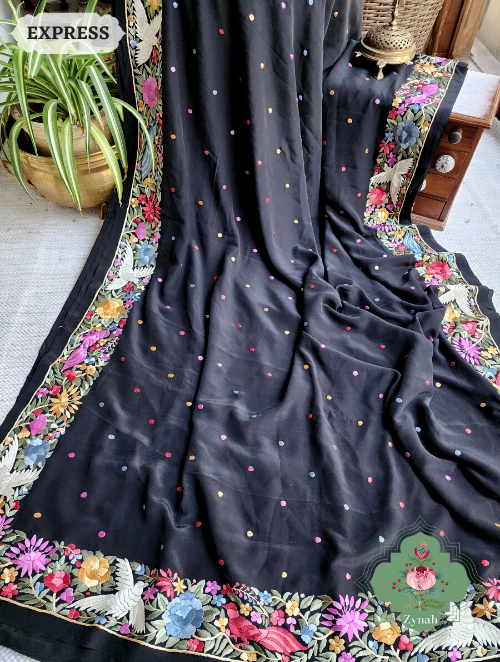 Zynah Made to Order Black Pure Crepe Silk Hand Embroidered Parsi Gara Saree, Authentic Vintage Art, Heirloom Piece; Custom Stitched/Ready-made Blouse, Fall, Petticoat; SKU: 2302202307