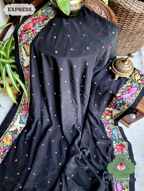 Zynah Made to Order Black Pure Crepe Silk Hand Embroidered Parsi Gara Saree, Authentic Vintage Art, Heirloom Piece; Custom Stitched/Ready-made Blouse, Fall, Petticoat; SKU: 2302202307