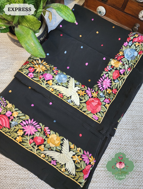 Zynah Made to Order Black Pure Crepe Silk Hand Embroidered Parsi Gara Saree, Authentic Vintage Art, Heirloom Piece; Custom Stitched/Ready-made Blouse, Fall, Petticoat; SKU: 2302202307