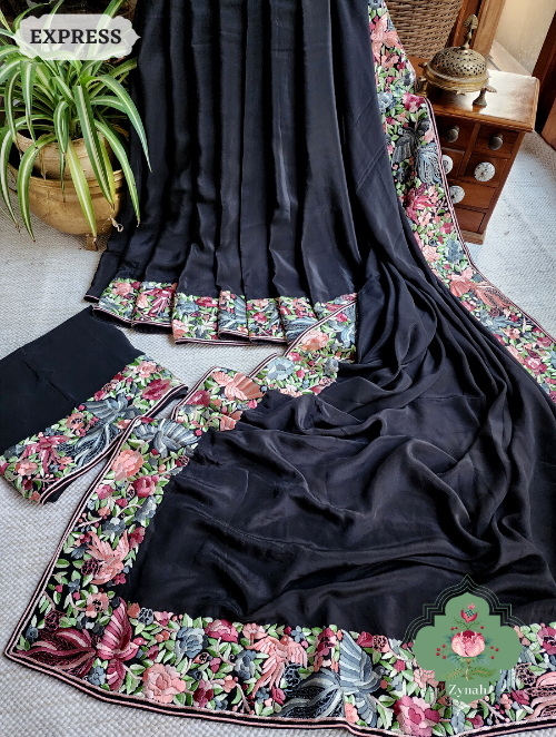 Zynah Made to Order Black Pure Crepe Silk Hand Embroidered Parsi Gara Saree, Authentic Vintage Art, Heirloom Piece; Custom Stitched/Ready-made Blouse, Fall, Petticoat; SKU: 2302202304