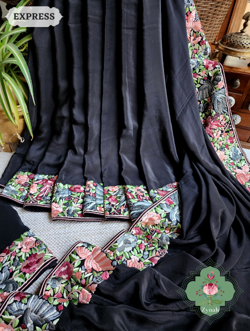 Zynah Made to Order Black Pure Crepe Silk Hand Embroidered Parsi Gara Saree, Authentic Vintage Art, Heirloom Piece; Custom Stitched/Ready-made Blouse, Fall, Petticoat; SKU: 2302202304