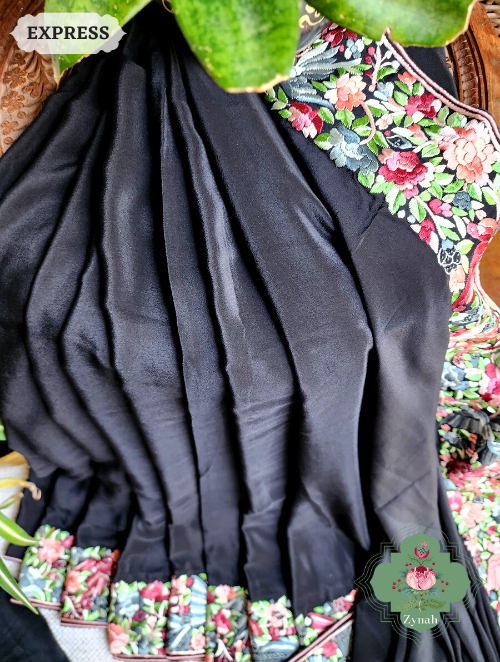 Zynah Made to Order Black Pure Crepe Silk Hand Embroidered Parsi Gara Saree, Authentic Vintage Art, Heirloom Piece; Custom Stitched/Ready-made Blouse, Fall, Petticoat; SKU: 2302202304