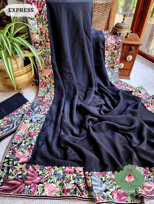 Zynah Made to Order Black Pure Crepe Silk Hand Embroidered Parsi Gara Saree, Authentic Vintage Art, Heirloom Piece; Custom Stitched/Ready-made Blouse, Fall, Petticoat; SKU: 2302202304