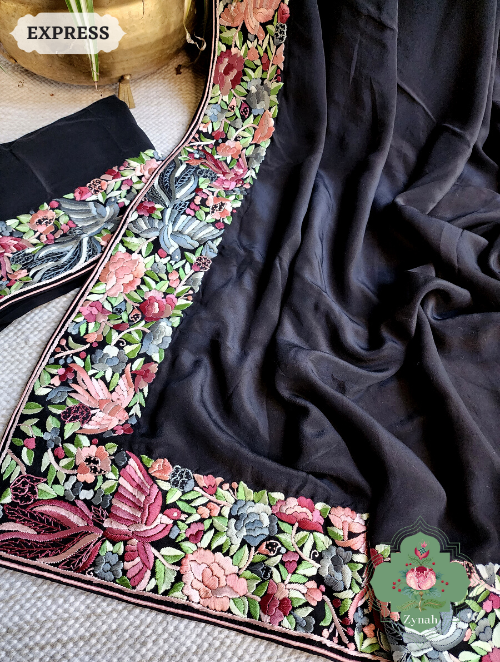 Zynah Made to Order Black Pure Crepe Silk Hand Embroidered Parsi Gara Saree, Authentic Vintage Art, Heirloom Piece; Custom Stitched/Ready-made Blouse, Fall, Petticoat; SKU: 2302202304