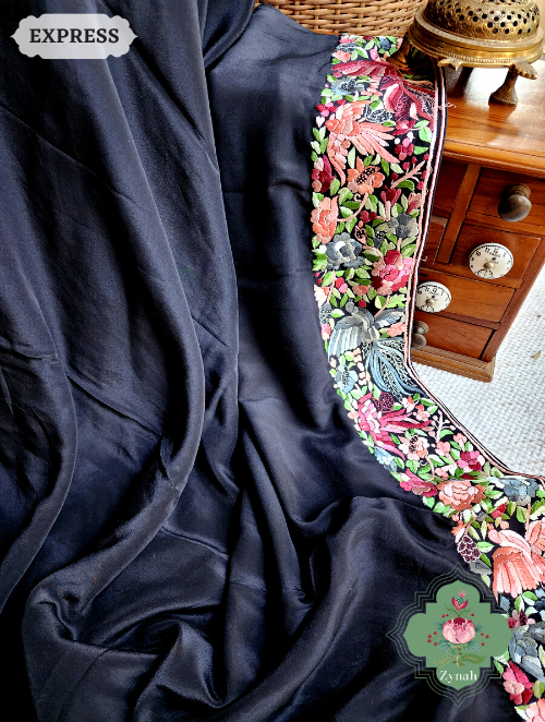 Zynah Made to Order Black Pure Crepe Silk Hand Embroidered Parsi Gara Saree, Authentic Vintage Art, Heirloom Piece; Custom Stitched/Ready-made Blouse, Fall, Petticoat; SKU: 2302202304