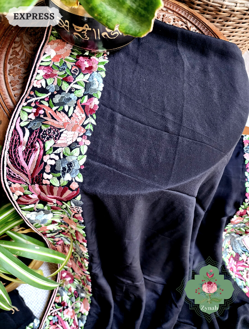Zynah Made to Order Black Pure Crepe Silk Hand Embroidered Parsi Gara Saree, Authentic Vintage Art, Heirloom Piece; Custom Stitched/Ready-made Blouse, Fall, Petticoat; SKU: 2302202304