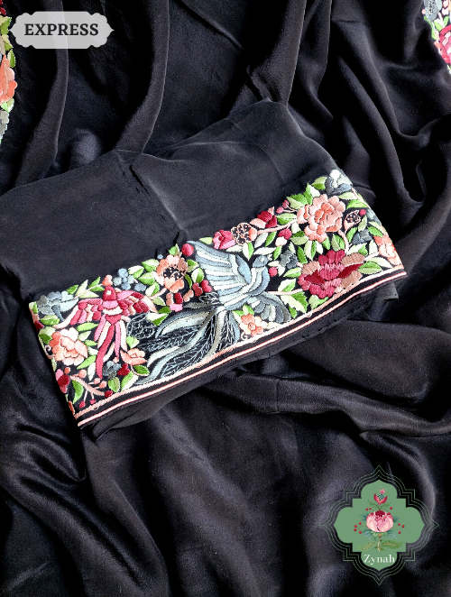 Zynah Made to Order Black Pure Crepe Silk Hand Embroidered Parsi Gara Saree, Authentic Vintage Art, Heirloom Piece; Custom Stitched/Ready-made Blouse, Fall, Petticoat; SKU: 2302202304