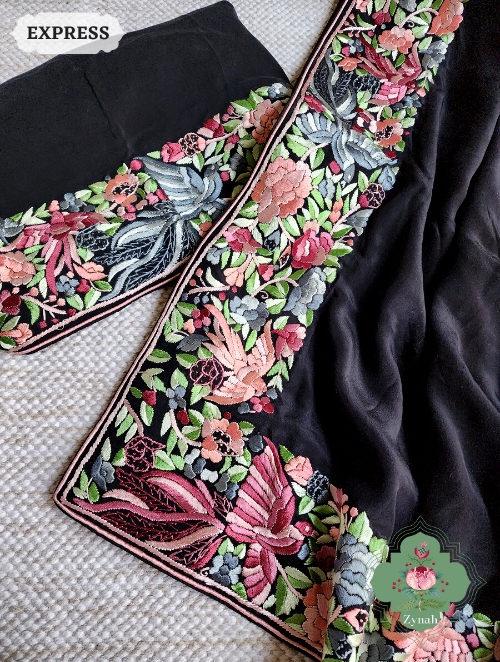 Zynah Made to Order Black Pure Crepe Silk Hand Embroidered Parsi Gara Saree, Authentic Vintage Art, Heirloom Piece; Custom Stitched/Ready-made Blouse, Fall, Petticoat; SKU: 2302202304