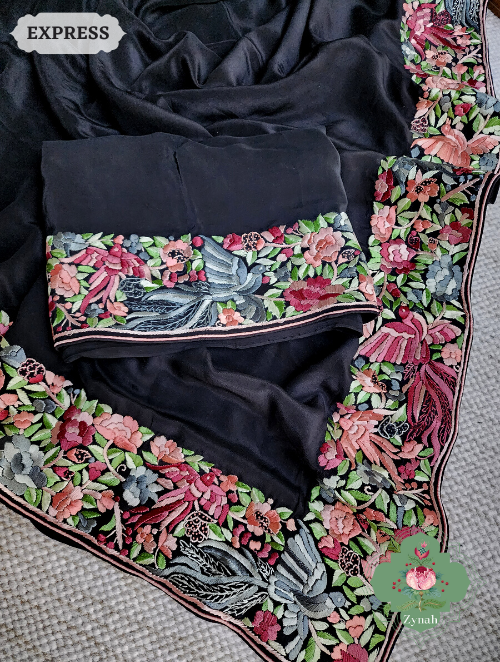Zynah Made to Order Black Pure Crepe Silk Hand Embroidered Parsi Gara Saree, Authentic Vintage Art, Heirloom Piece; Custom Stitched/Ready-made Blouse, Fall, Petticoat; SKU: 2302202304