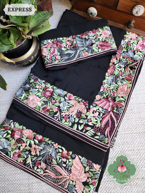 Zynah Made to Order Black Pure Crepe Silk Hand Embroidered Parsi Gara Saree, Authentic Vintage Art, Heirloom Piece; Custom Stitched/Ready-made Blouse, Fall, Petticoat; SKU: 2302202304