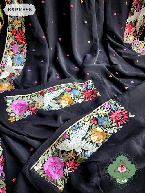 Zynah Made to Order Black Pure Crepe Silk Hand Embroidered Parsi Gara Saree, Authentic Vintage Art, Heirloom Piece; Custom Stitched/Ready-made Blouse, Fall, Petticoat; SKU: 2302202307